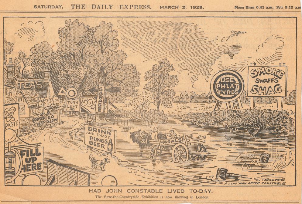 Express cartoon promoting CPREs Save the Countryside exhibition 1928
