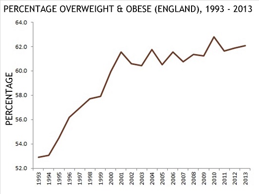 Percentage obese and overweight (England) 1993-2013 graph. For full data see the source document linked to under this image