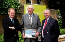 Henry Best (centre) receives his award from Sir Andrew Motion (left) and Charles Micklewright, Marsh Christian Trust (right)