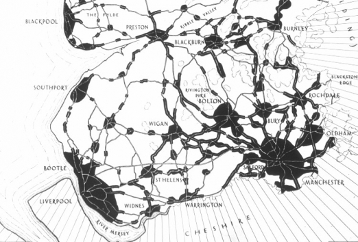 A CPRE Lancashire map showing 1920s 'ribbon development' - Chamberlain's main concern for the countryside